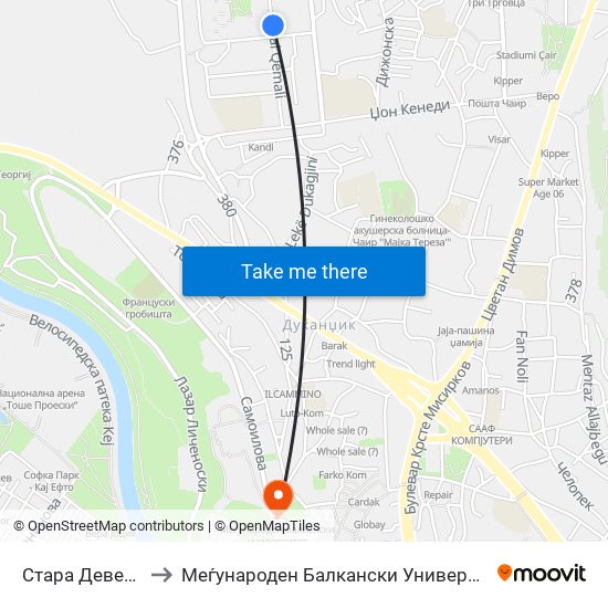 Стара Деветка to Меѓународен Балкански Универзитет map