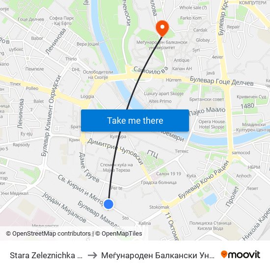 Stara Zeleznichka Stanica to Меѓународен Балкански Универзитет map
