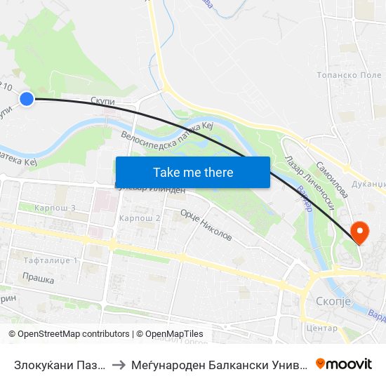 Злокуќани Пазарче to Меѓународен Балкански Универзитет map