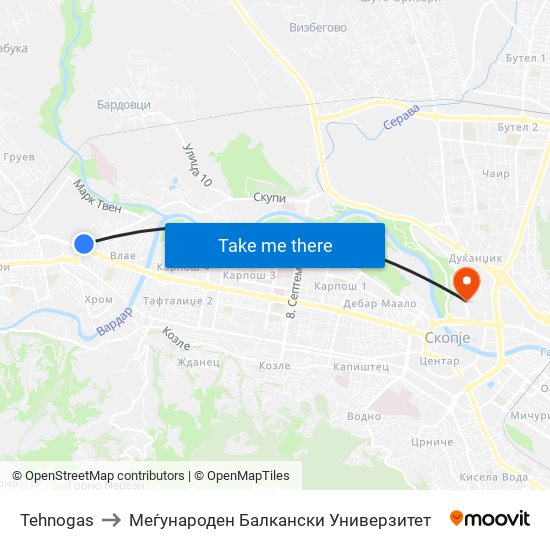 Tehnogas to Меѓународен Балкански Универзитет map