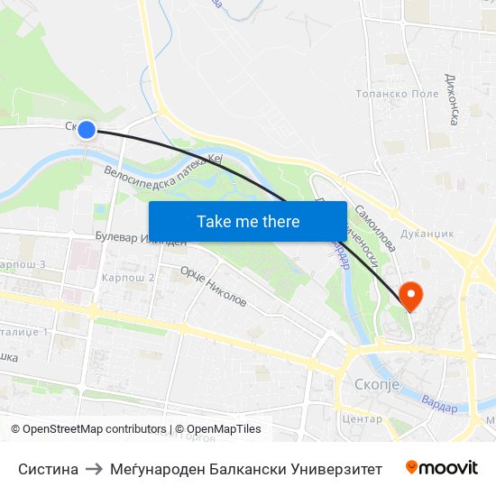 Систина to Меѓународен Балкански Универзитет map