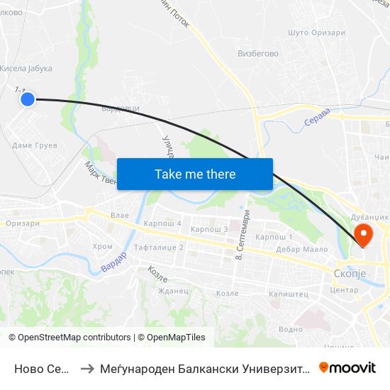 Ново Село to Меѓународен Балкански Универзитет map