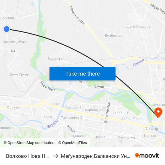 Волково Нова Населба to Меѓународен Балкански Универзитет map