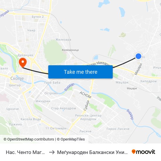 Нас. Ченто Магацини to Меѓународен Балкански Универзитет map