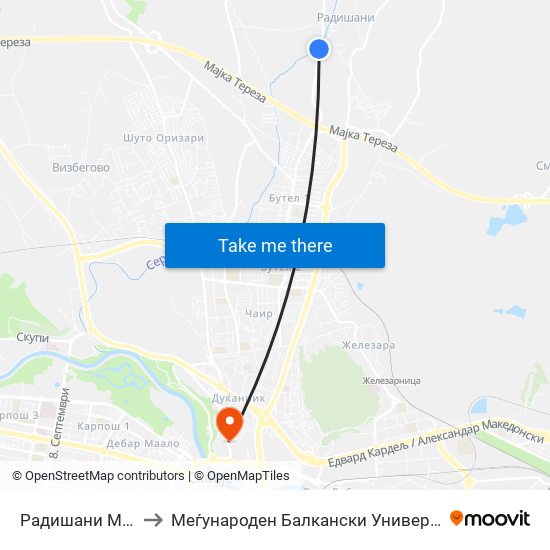 Радишани Мост to Меѓународен Балкански Универзитет map