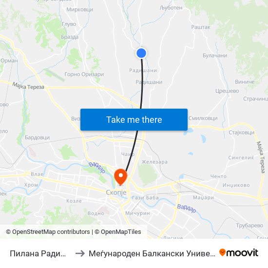 Пилана Радишани to Меѓународен Балкански Универзитет map