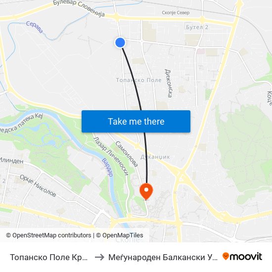 Топанско Поле Крстосница to Меѓународен Балкански Универзитет map