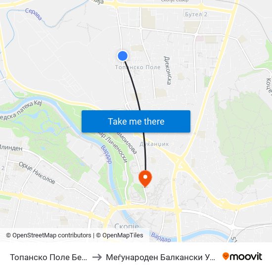 Топанско Поле Бензинска to Меѓународен Балкански Универзитет map