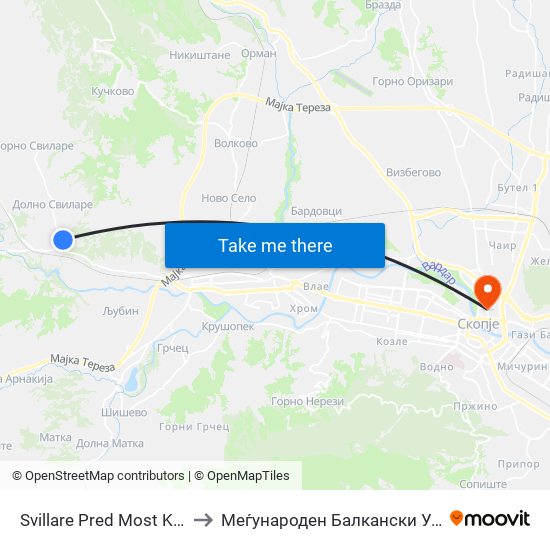 Svillare Pred Most Kon Centar to Меѓународен Балкански Универзитет map