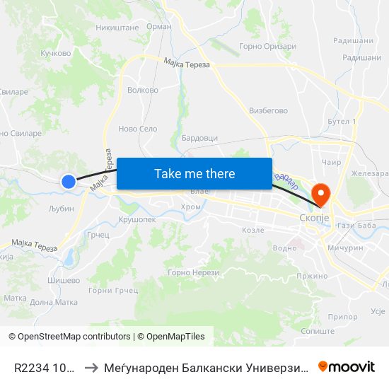 R2234 1060 to Меѓународен Балкански Универзитет map