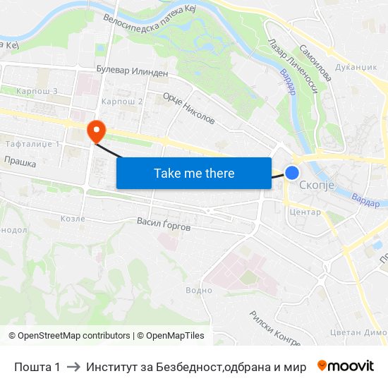 Пошта 1 to Институт за Безбедност,одбрана и мир map