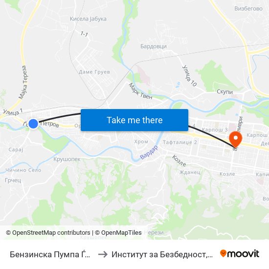 Бензинска Пумпа Ѓорче Петров to Институт за Безбедност,одбрана и мир map