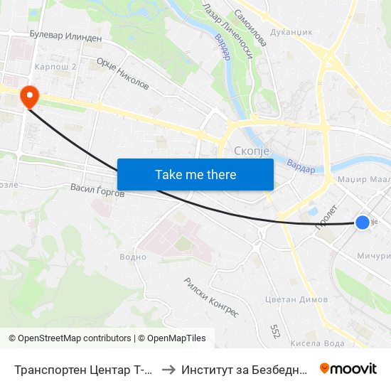 Транспортен Центар Т-Приградски Линии to Институт за Безбедност,одбрана и мир map