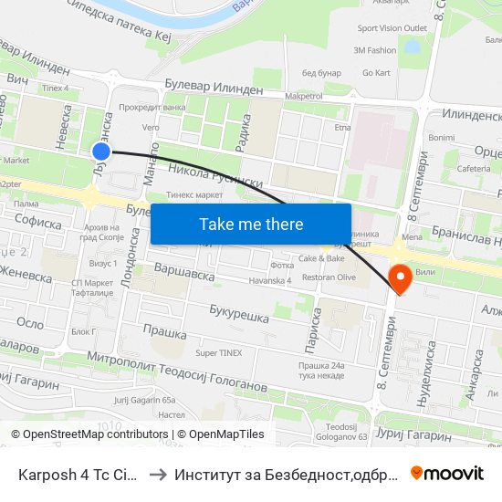 Karposh 4 Tc City Mall to Институт за Безбедност,одбрана и мир map