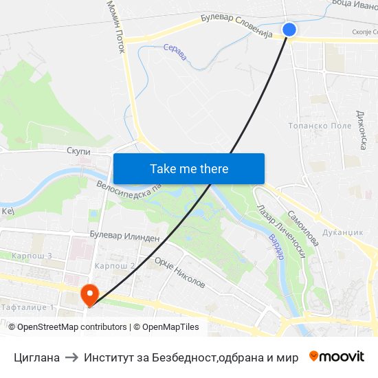 Циглана to Институт за Безбедност,одбрана и мир map