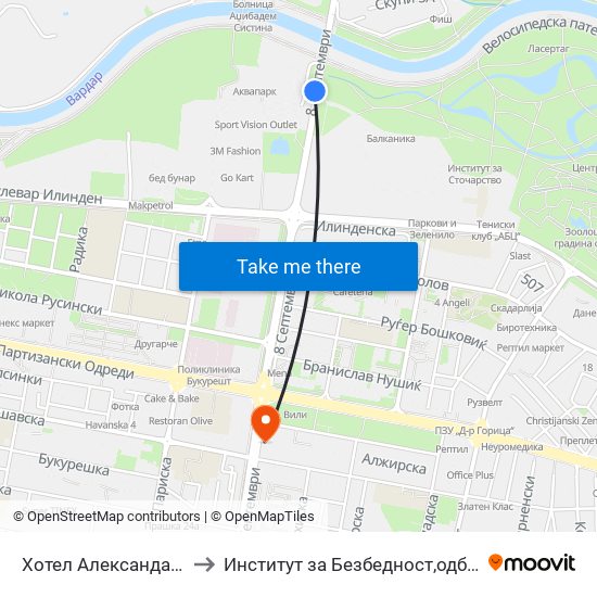 Хотел Александар Палас to Институт за Безбедност,одбрана и мир map