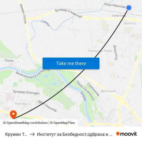 Кружен Тек to Институт за Безбедност,одбрана и мир map