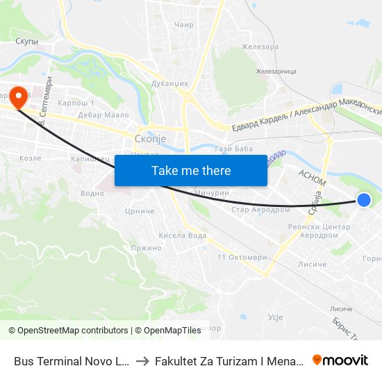 Bus Terminal Novo Lisiche to Fakultet Za Turizam I Menadzment map