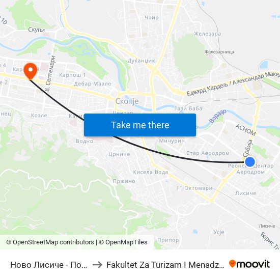 Ново Лисиче - Пошта to Fakultet Za Turizam I Menadzment map