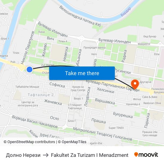 Долно Нерези to Fakultet Za Turizam I Menadzment map