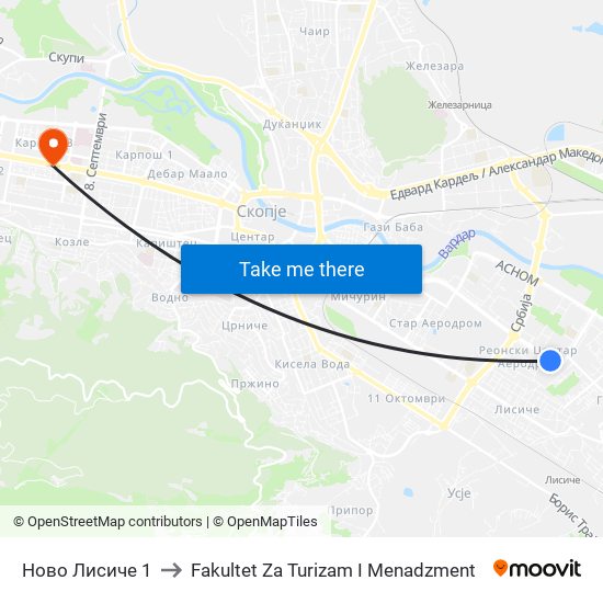 Ново Лисиче 1 to Fakultet Za Turizam I Menadzment map