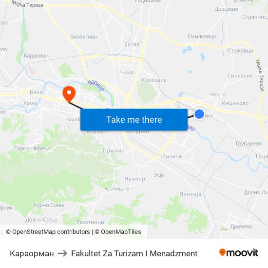 Караорман to Fakultet Za Turizam I Menadzment map