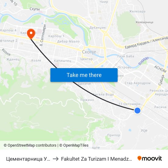 Цементарница Усје to Fakultet Za Turizam I Menadzment map