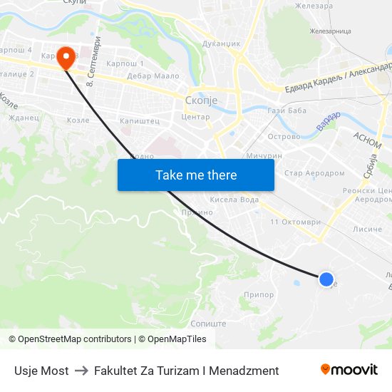 Usje Most to Fakultet Za Turizam I Menadzment map