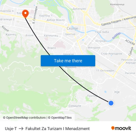 Usje-T to Fakultet Za Turizam I Menadzment map