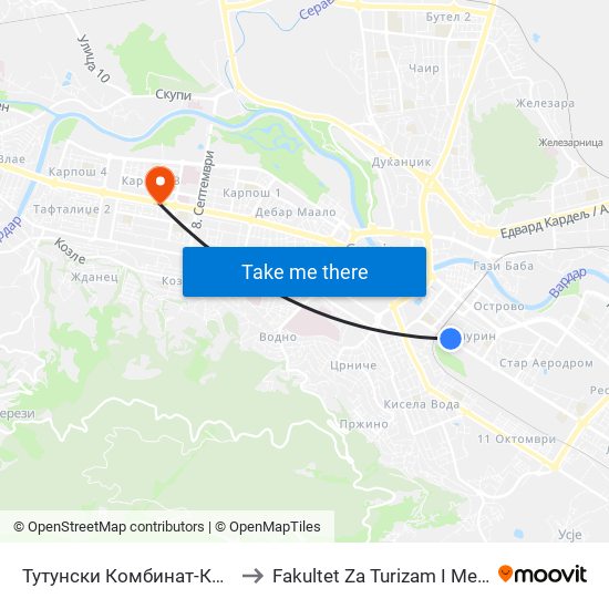 Тутунски Комбинат-Кон Центар to Fakultet Za Turizam I Menadzment map