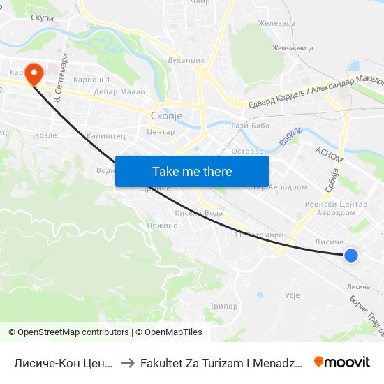 Лисиче-Кон Центар to Fakultet Za Turizam I Menadzment map