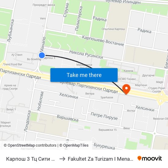 Карпош 3 Тц Сити Мол Т to Fakultet Za Turizam I Menadzment map