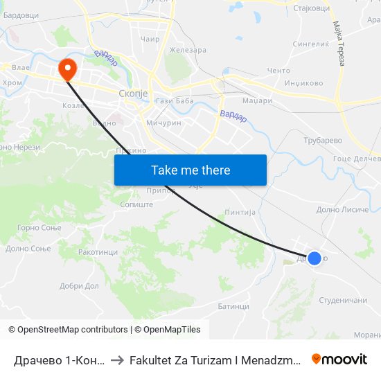 Драчево 1-Кон Т to Fakultet Za Turizam I Menadzment map