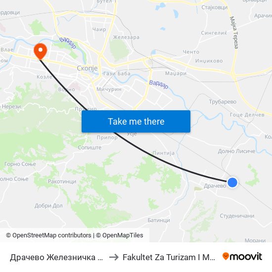 Драчево Железничка Станица Т to Fakultet Za Turizam I Menadzment map