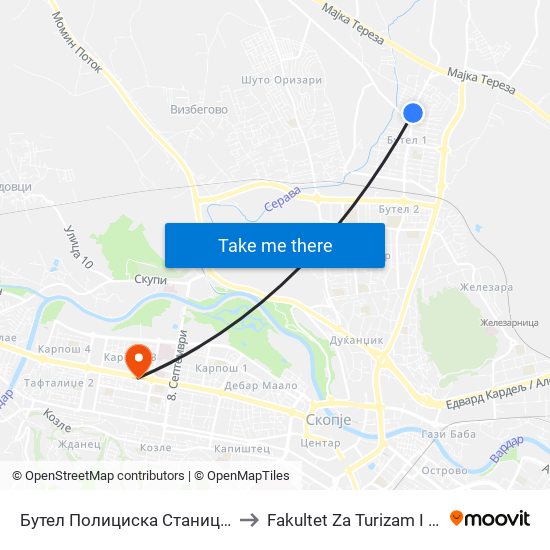 Бутел Полициска Станица - Кон Центар to Fakultet Za Turizam I Menadzment map