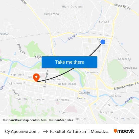 Су Арсение Јовков to Fakultet Za Turizam I Menadzment map