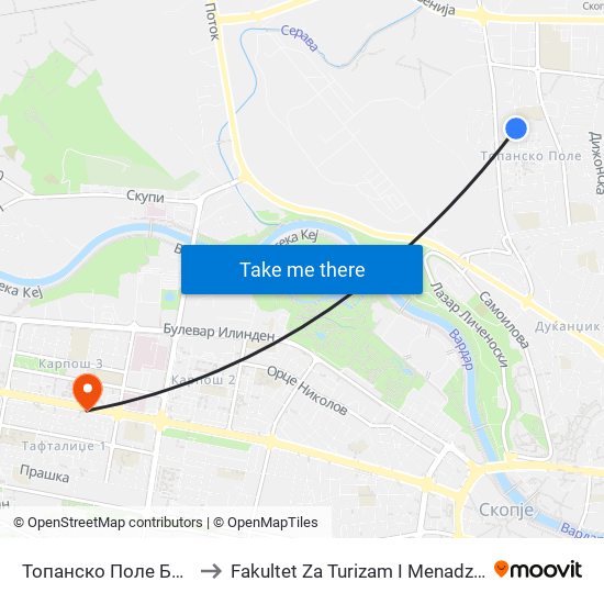 Топанско Поле Банка to Fakultet Za Turizam I Menadzment map