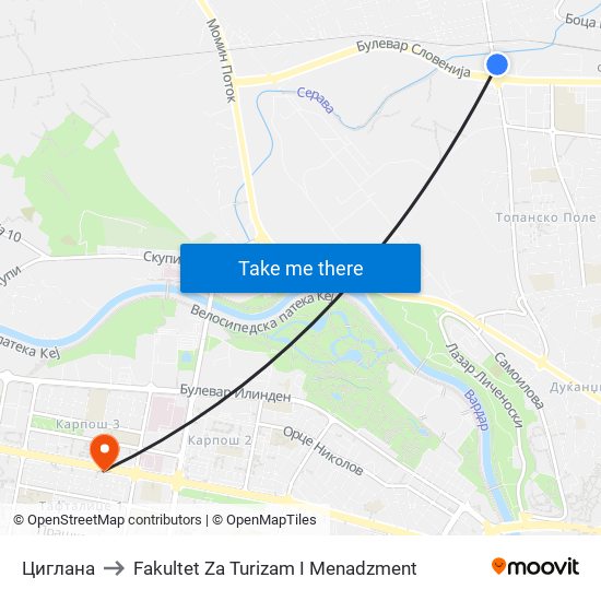 Циглана to Fakultet Za Turizam I Menadzment map