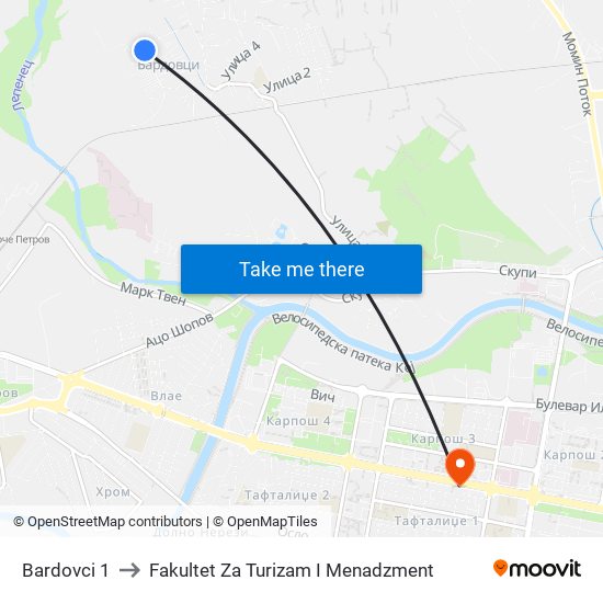 Bardovci 1 to Fakultet Za Turizam I Menadzment map