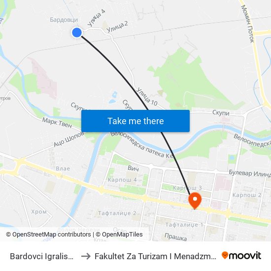 Bardovci Igralishte to Fakultet Za Turizam I Menadzment map