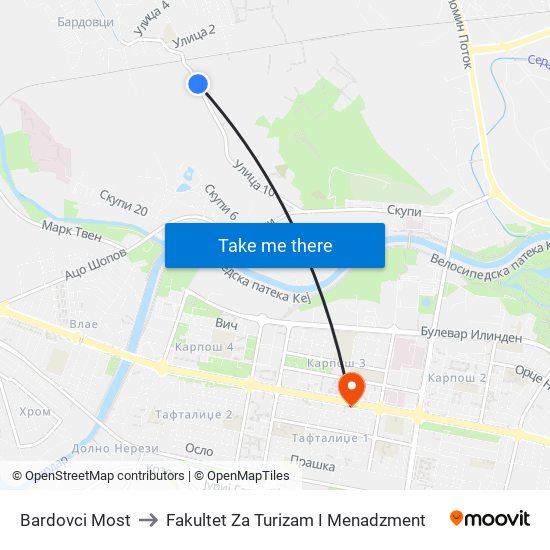 Bardovci Most to Fakultet Za Turizam I Menadzment map