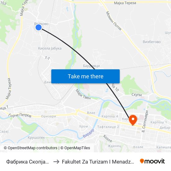 Фабрика Скопјанка to Fakultet Za Turizam I Menadzment map