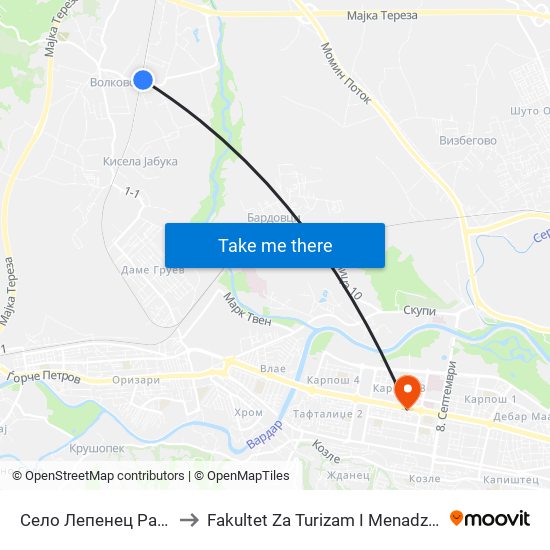 Село Лепенец Рампа to Fakultet Za Turizam I Menadzment map