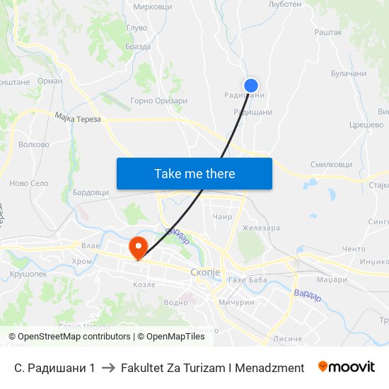 С. Радишани 1 to Fakultet Za Turizam I Menadzment map