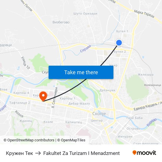 Кружен Тек to Fakultet Za Turizam I Menadzment map