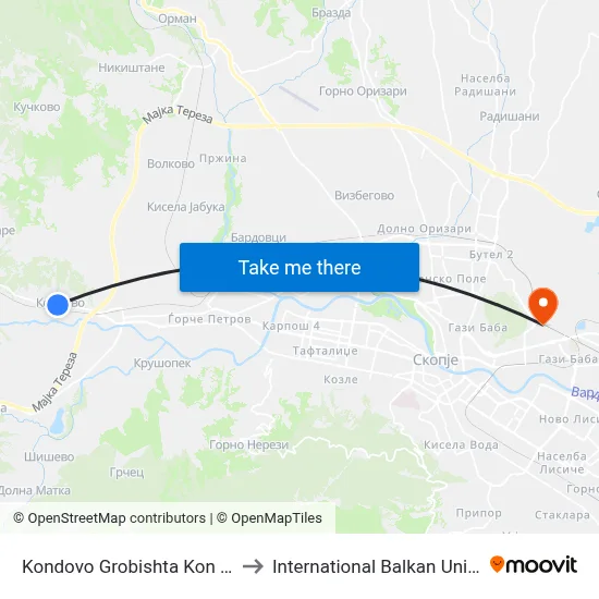 Kondovo Cemetery To Center to International Balkan University map