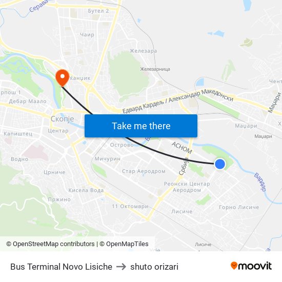 Bus Terminal Novo Lisiche to shuto orizari map