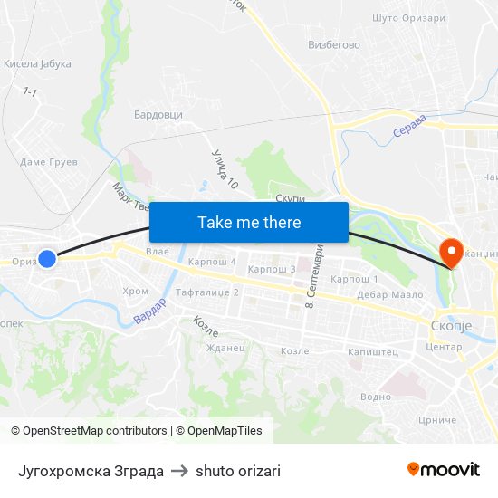 Југохромска Зграда to shuto orizari map