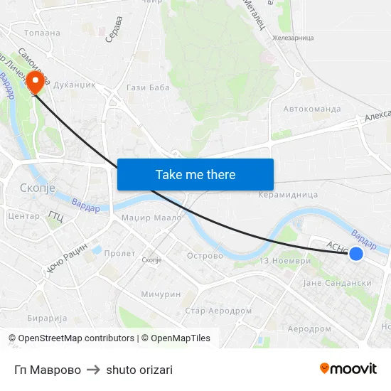 GP Mavrovo to Shuto Orizari map