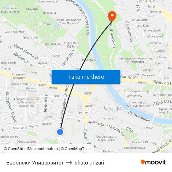 Европски Универзитет to shuto orizari map